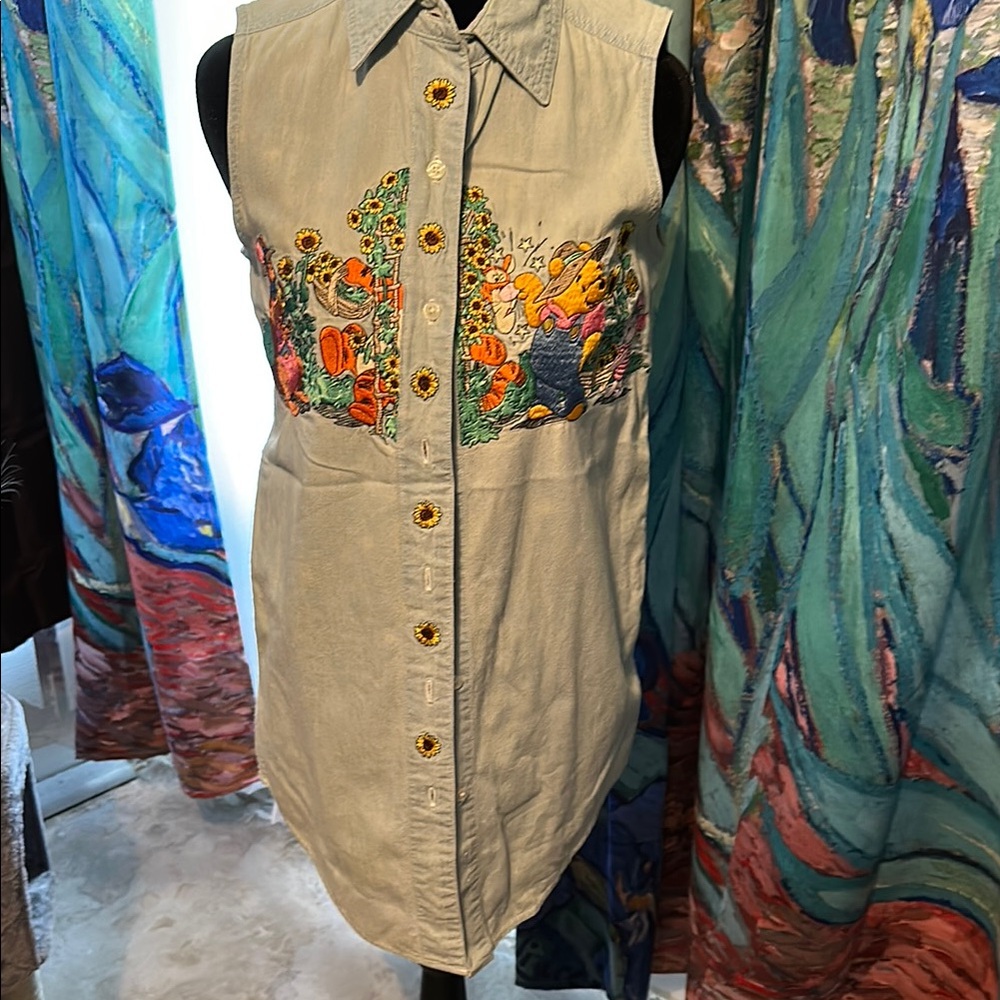Disney Sleeveless Button Down Shirt with Winnie the Pooh and Friends Embroidery